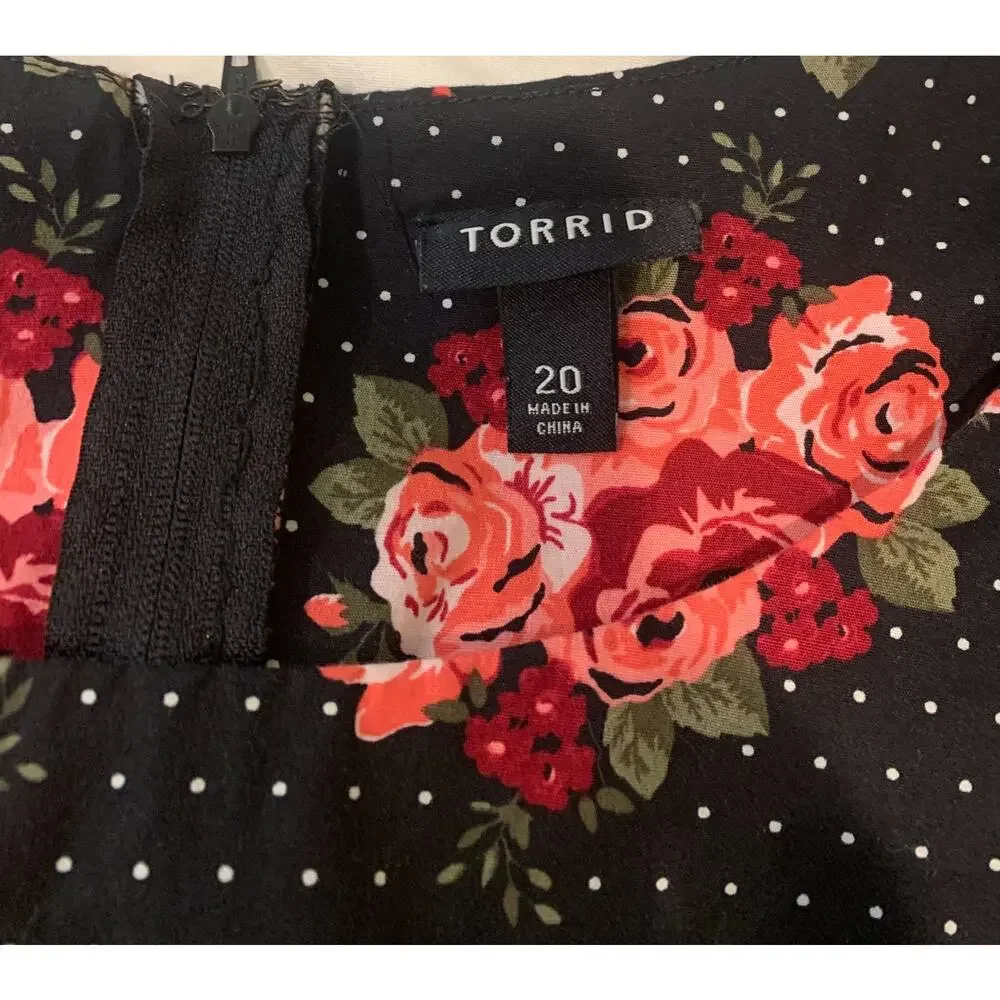 Torrid Womens Dark Cottagecore Dress Size 20 Black Pink Cotton Roses Polka Dots
